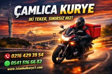 Çamlıca bölgesinde motorlu kurye teslimatı yapan hızlı kurye hizmeti, İstanbul manzarası ve iletişim bilgileri ile tanıtım görseli
